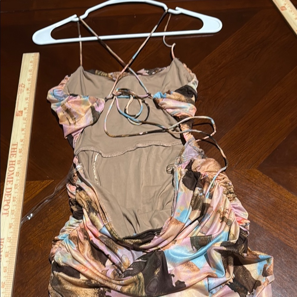 Y2k ruched Elegant Cream and Orange Spaghetti Strap Maxi Dress front slit acacia - Picture 3 of 16